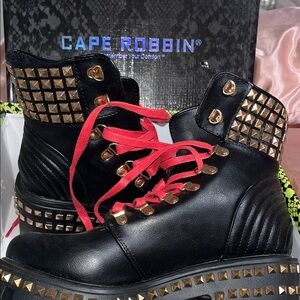 Cape Robbin Black Boots with Red Laces and Gold Studs
